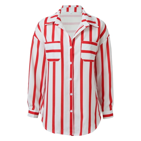 ZHUASHUM shirts for women Fashion Mid Length Vertical Striped Multi Color Shirt Coat Casual Loose Top,L Red