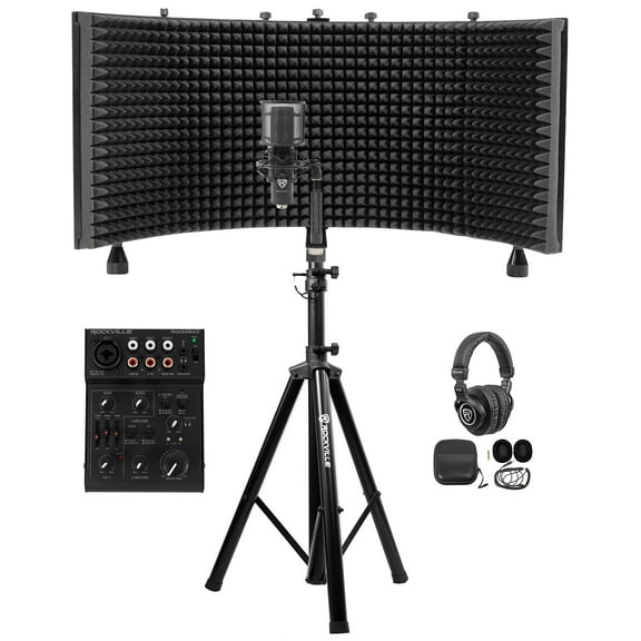Rockville Pro Recording Kit w/Mixer Studio Mic Isolation Shield Headphones Stand