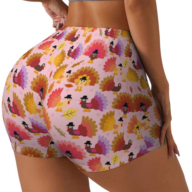 Balery Happy Thanksgiving Turkey Pantalones cortos de entrenamiento estampados para mujer, sin costuras, ajustados, para gimnasio, yoga, correr, deportes, ejercicio activo, fitness.-Large
