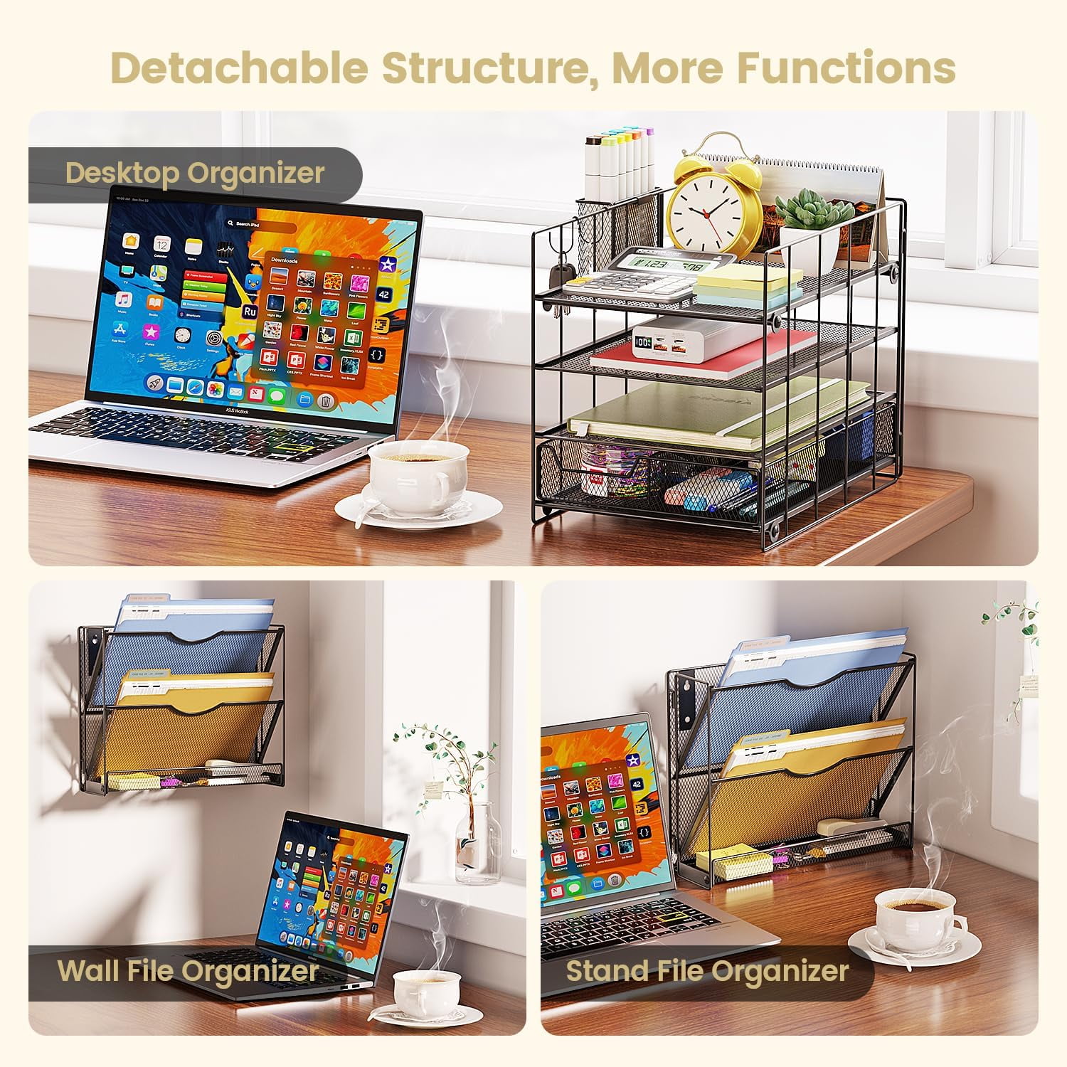 Desk Organizers and Accessories, Desk Accessories & Workspace Organizers for Office Supplies, 4-Tier Desk Organizer with File Holder,File Organizer Desk Drawer Organizer (Black)