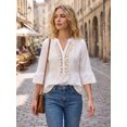thumbnail image 2 of INSPIRE CHIC Women's V Neck Front Tassel Ornaments Fringe 3/4 Sleeve Top S White, 2 of 6