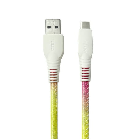 onn. USB to USB-C Glitter Cable, 6' Cord, Yellow & Pink