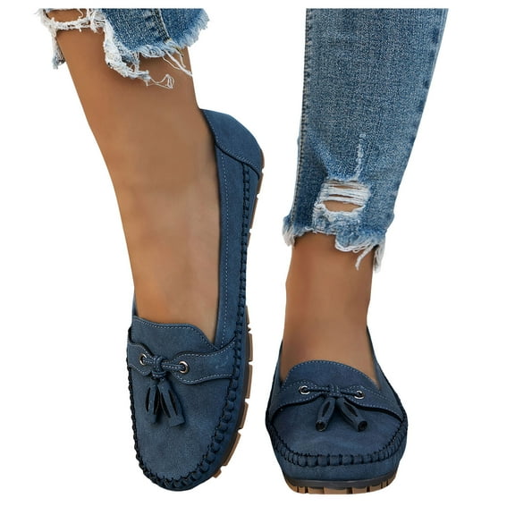 Rokment Women's Bow Slip-on Penny Loafers Walking Shoes 2026 Spring Fall Fashion Casual Suede Formal Oxfords Non Slip Work Dress Shoes for Driving Nursing Blue Size 6.5