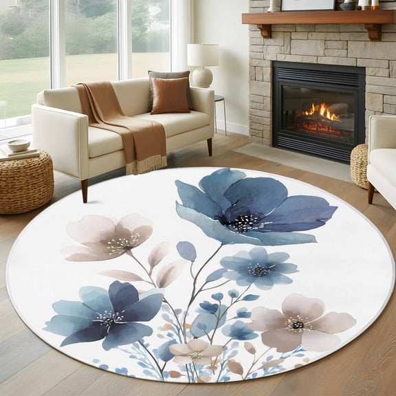 Navy Blue Floral Round Area Rug 7Ft Washable Circle Rugs for Dorm Laundry Room, Watercolor Flowers Farmhouse Non-Slip Carpet Floor Mats Indoor Outdoor Carpet Runner Aesthetic Home Decor