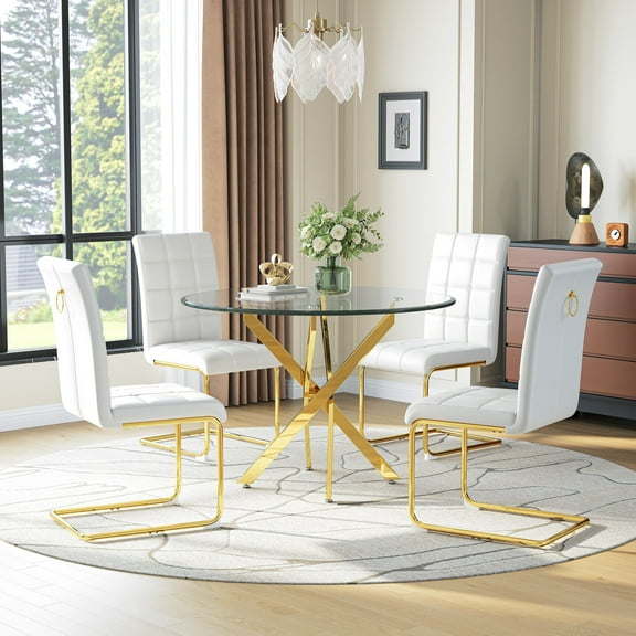 36” Round Glass Dining Table Set, Gold Polished Stainless Steel Cross Legs, 0.39” Thick Tempered Glass Top, 4 PU Leather Cantilever Dining Chairs, for Kitchens, Living Rooms, Small Spaces