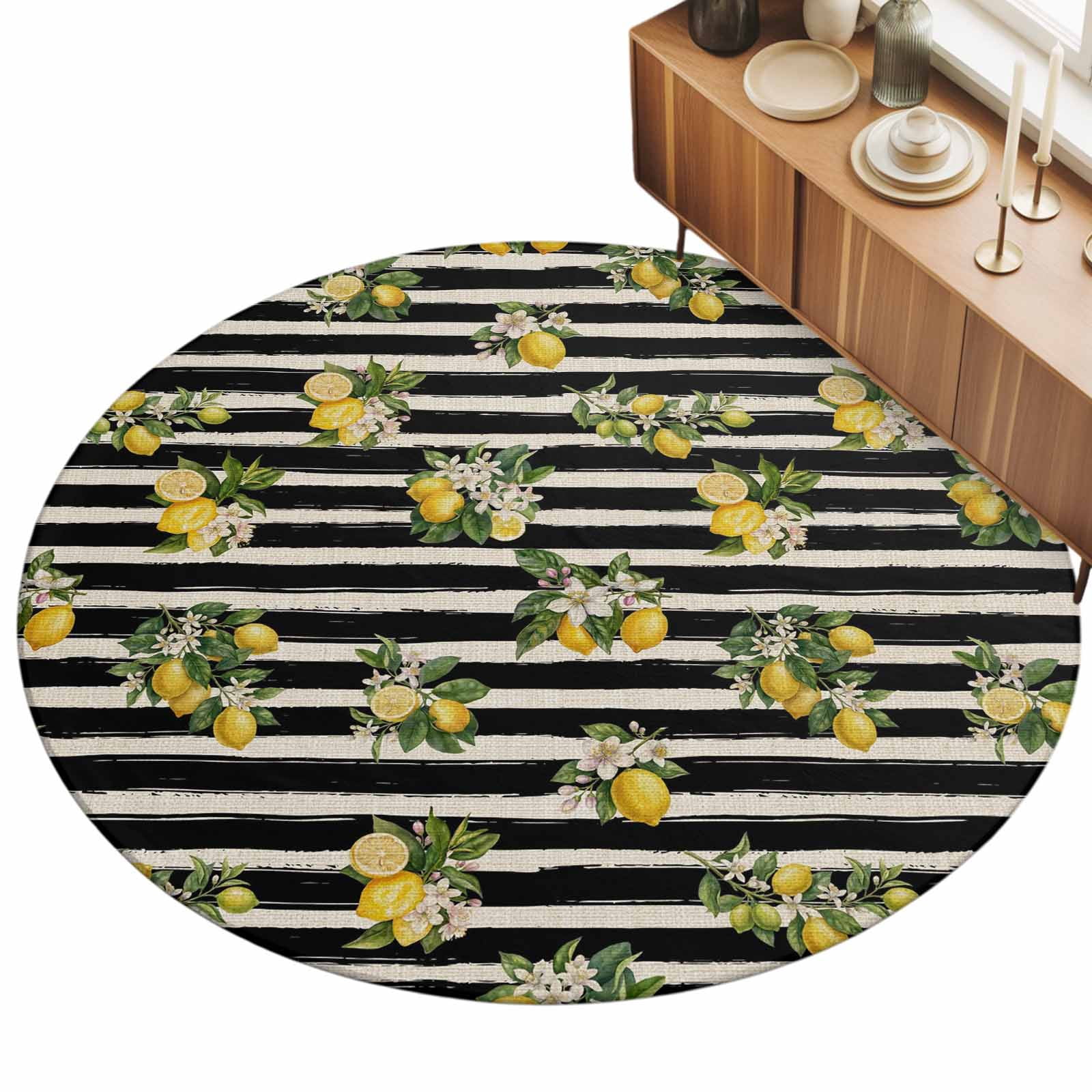 Large Round Rug 8Ft, Summer Lemons Non-Slip Washable Circle Rugs Carpet, Vintage Fruits Flowers Black Striped Indoor Outdoor Rug Floor Mats Throw Runner for Bedroom Living Room Bathroom