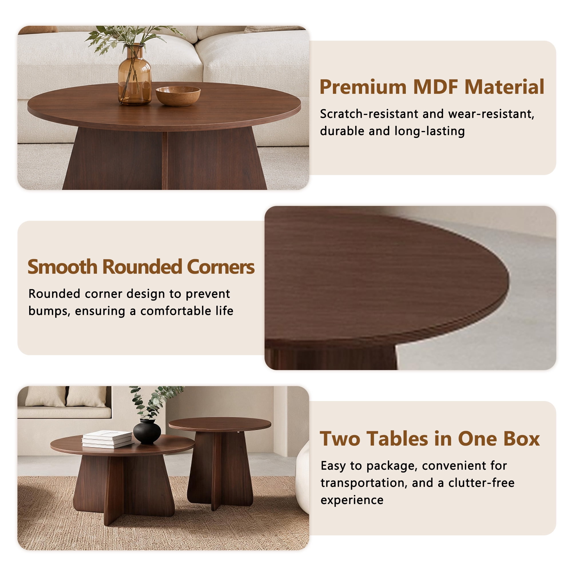 Retro-Style Nesting Coffee Table Set, Available In Walnut Or Natural Wood Finishes, Round Nesting Side Tables With Crisscross Legs, Ideal For Living Rooms And Dining Rooms