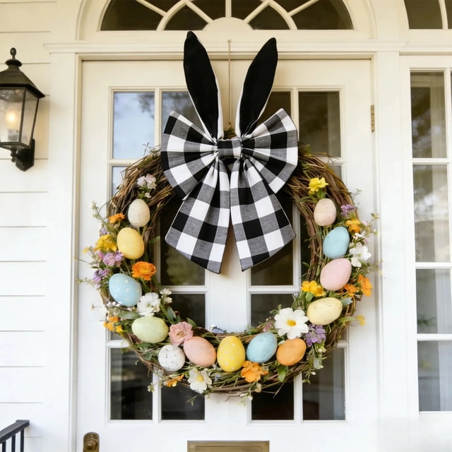 Colgante con lazo de orejas de conejo de Pascua | Decoración navideña para fiestas y el hogar | Adorno festivo colgante de 40 x 20 cm | Colores rosa, amarillo, naranja, azul, azul marino y negro