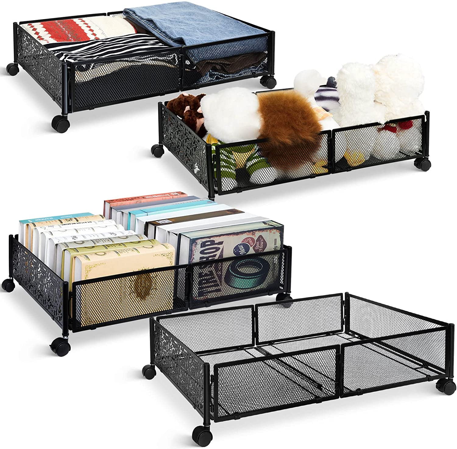 4 Pcs Under Bed Storage with Wheels, Black Rolling Under Bed Bins