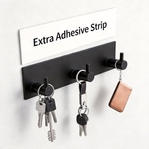Key Holder for Wall Mount, Black Metal Key Hanger with 3 Hooks, Small Self-Adhesive Entryway Organizer, No-Drill Installation with Extra Adhesive Strip