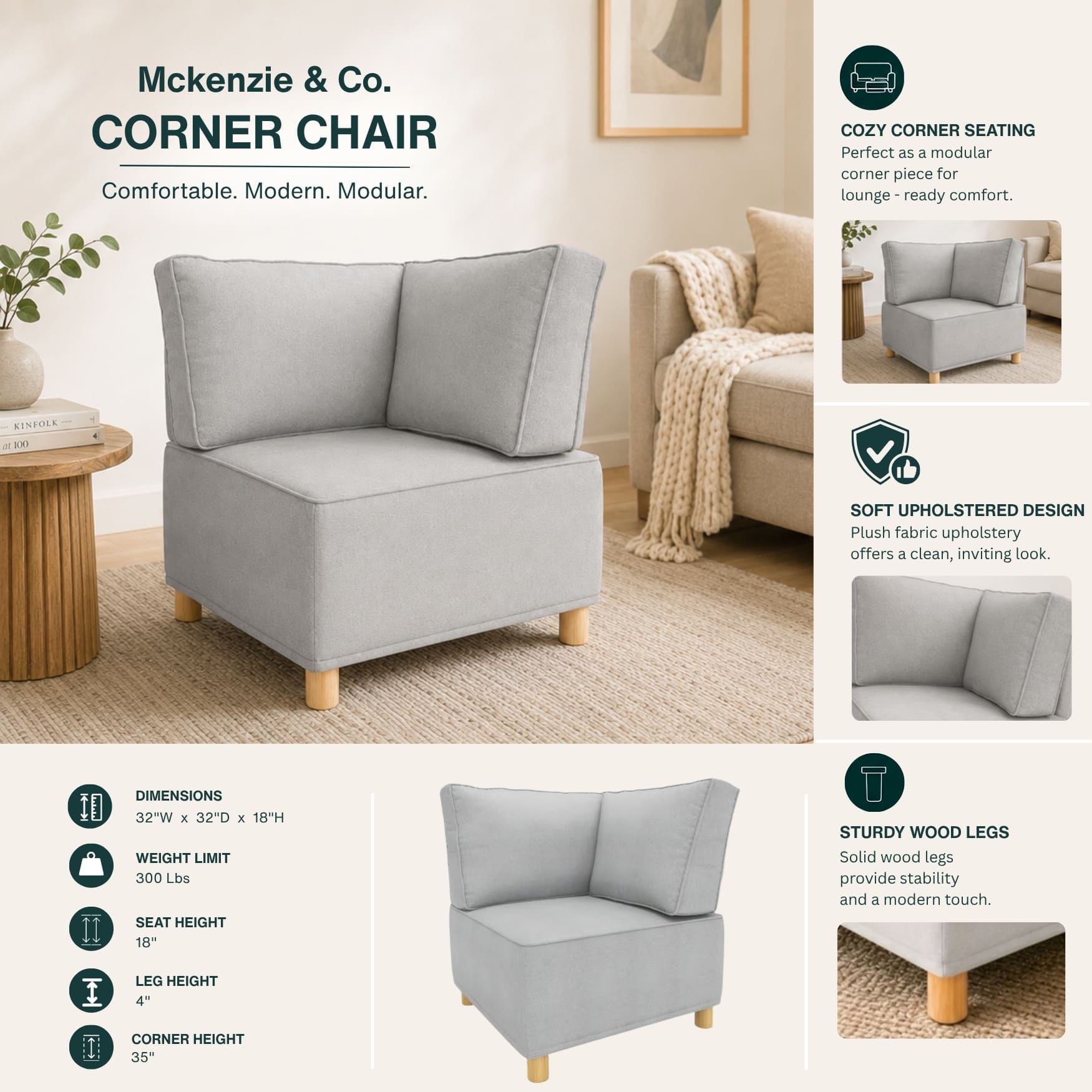 Chromcraft McKenzie Modular Corner Chair, Modular Sectional Sofa Component, 1-Piece Single Seat Sofa Couch, Memory Foam Seating, Gray Fabric, Living Room