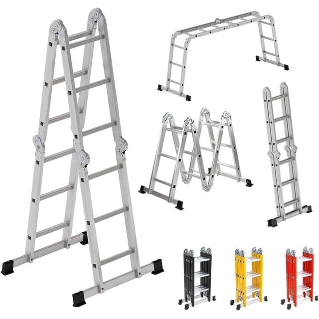 Escalera Multiposiciones de 3.3 Metros Aluminio Recta Tijera Andomio Plegable Versatil Antideslizante para Uso Interior Y Exterior De 12 Peldaños