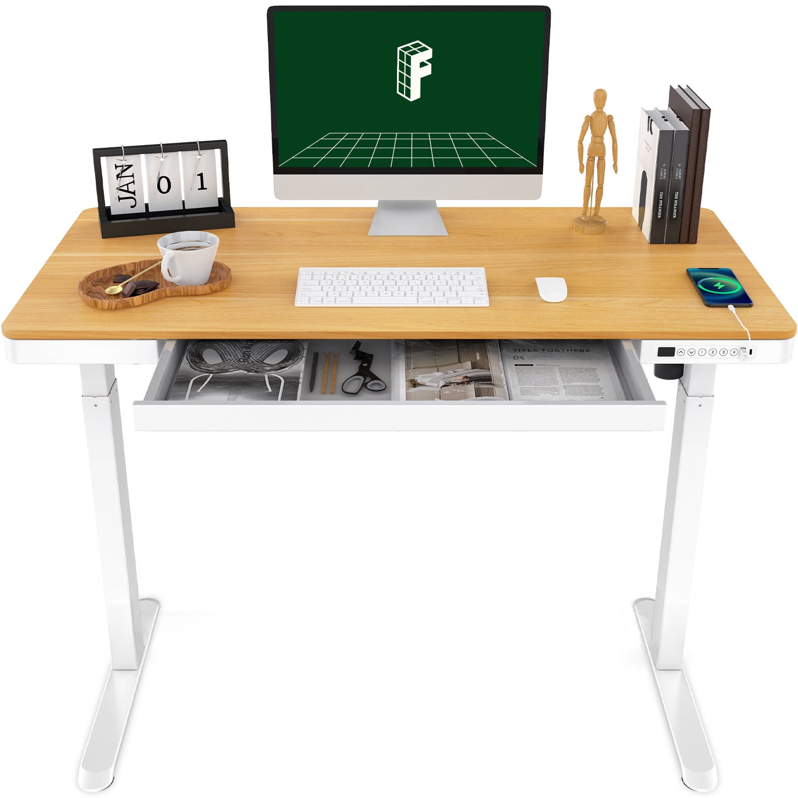 FLEXISPOT 48" W Home Office Height Adjustable Standing Desk White and Maple with USB Charge Ports and Embedded Drawer