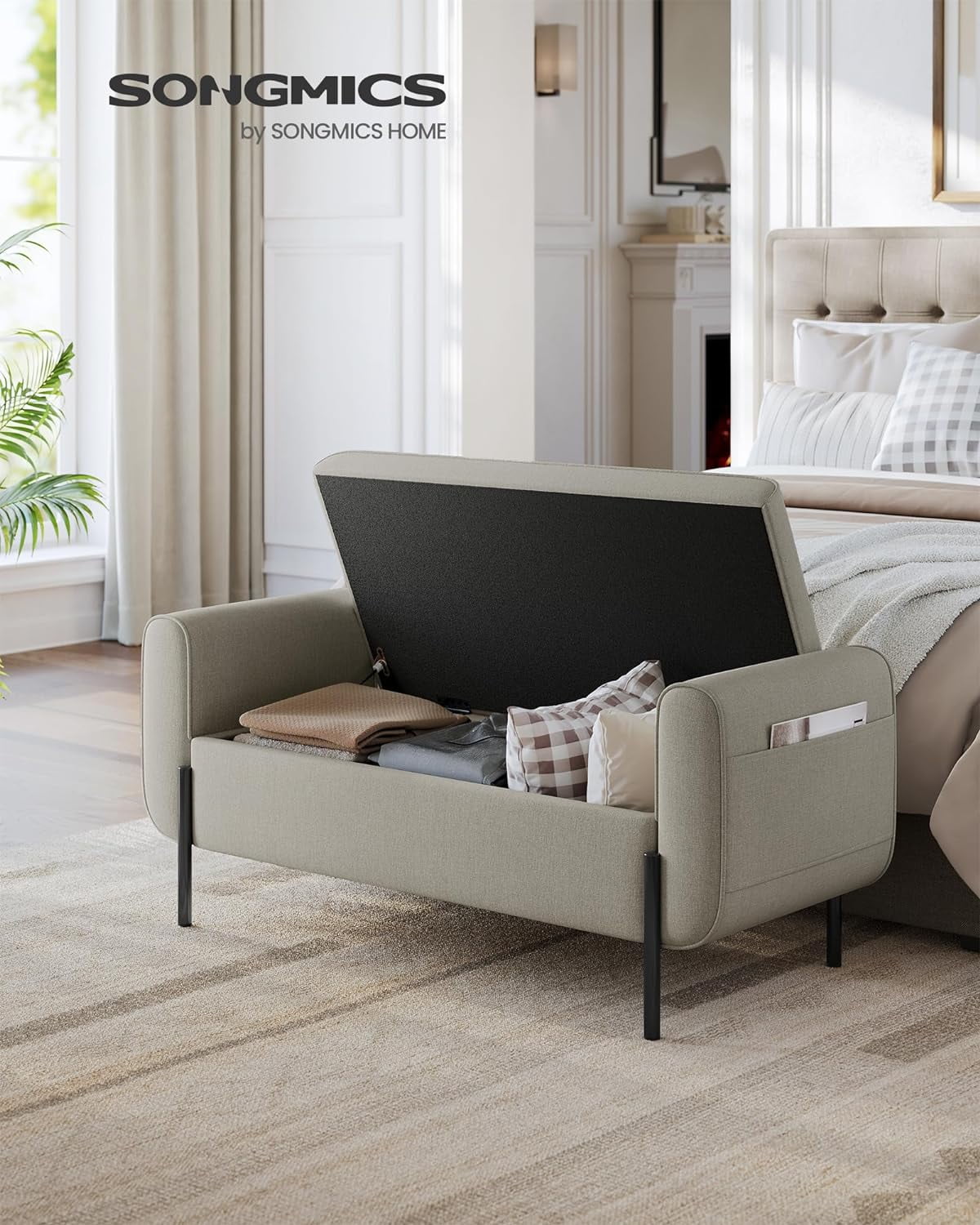 SONGMICS Storage Bench with Armrests Ottoman with Storage Storage Ottoman Bench for Bedroom Living Room Entryway Camel Brown
