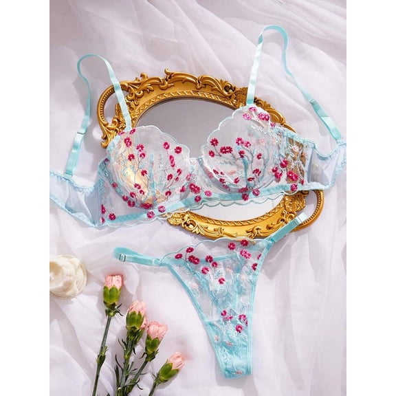 Blue Women’s Lingerie Set Sheer Floral Embroidery