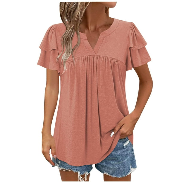 Camisetas Casuales de Manga Corta de las Mujeres con Cuello en V, Cuello Redondo, Color Sólido Blusa Ligera de Poliéster