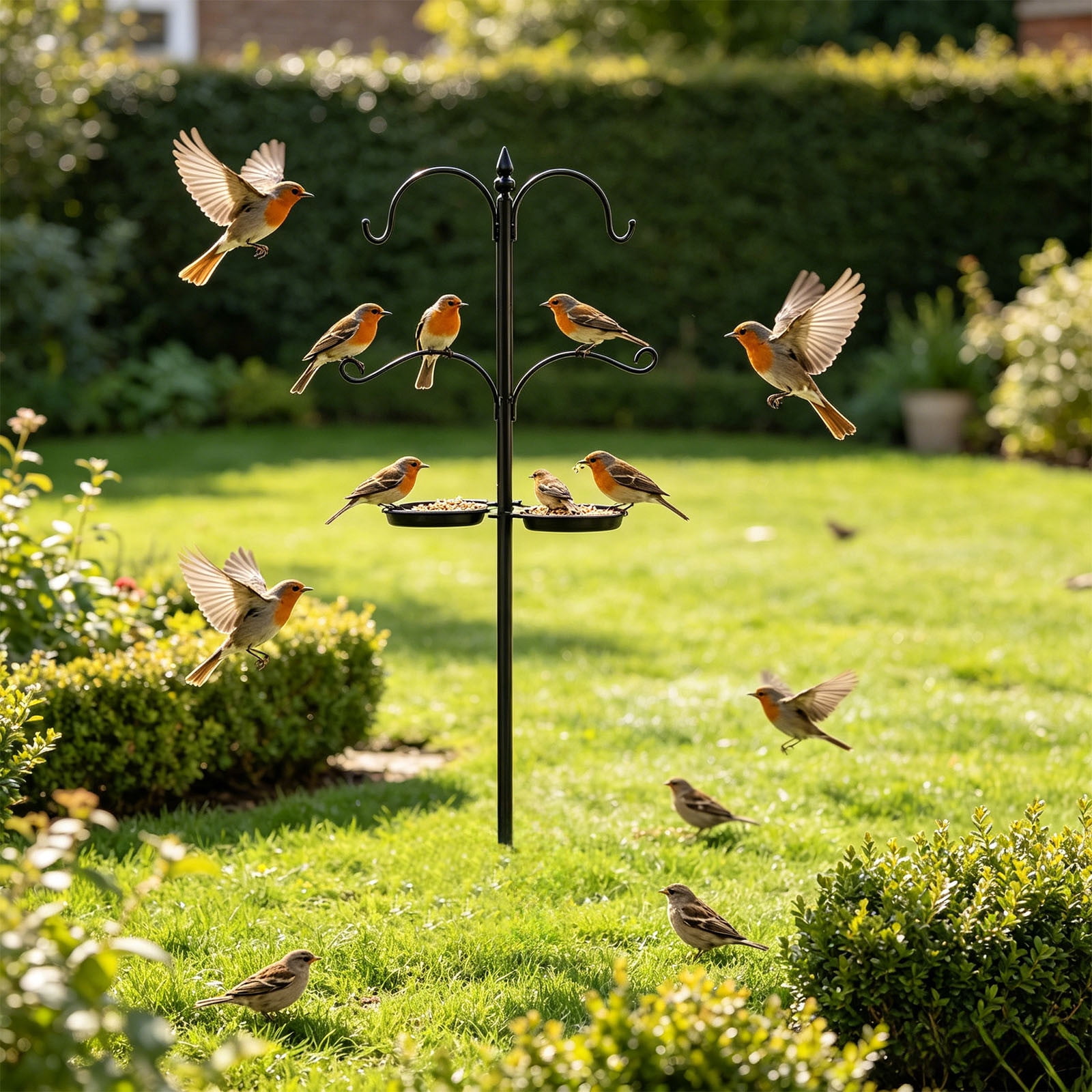KUKIDSVO 58in Heavy Duty Bird Feeder Pole, 4-Hook Black Iron Garden Stake with Trays for Hanging Plants Lanterns Outdoor Yard Decor