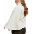 thumbnail image 3 of Women Batwing Sleeve Ponchos Pea Coat Wool Stand Collar Belt Capes Jacket Winter Cropped Overcoat White L, 3 of 7