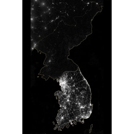 24x36 gallery poster, North Korea and South Korea at night