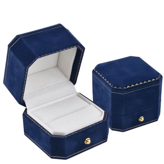 Blue Velvet Octagon Ring Box with White Lining Gold Buckle for Valentine's Day