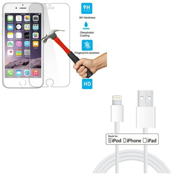 iPhone 8/7/6S/6 - Tempered Glass Screen Protector w Certified 6ft MFi USB Cable - HD Clear 2.5D Round Edges Display Cover Guard, Charger Cord Power Wire Sync Long for iPhone 8/7/6S/6