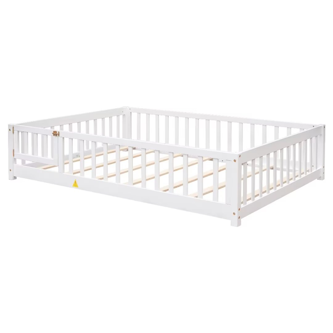 Full Size Floor Platform Bed with Fence and Small Door, Wooden Bed Frame with Wood Slat Support, Mattress Base, Safety Bed Frame for Boys Girls Bedroom, No Box Spring Needed, Easy Assembly, White