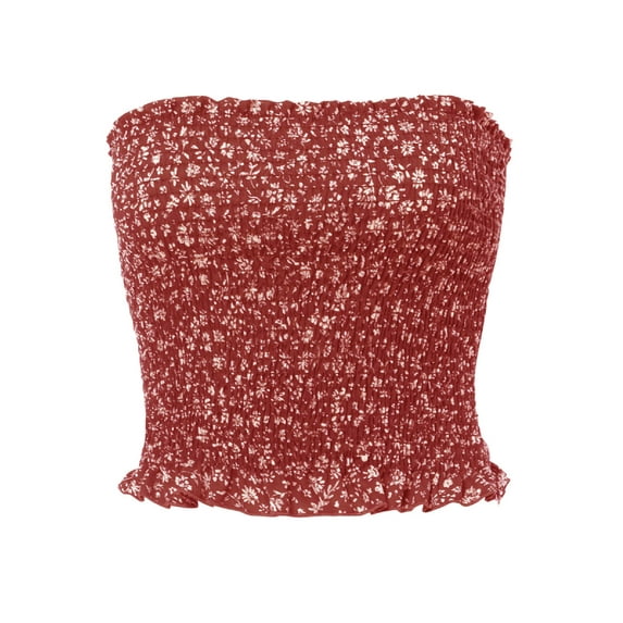 MixMatchy Women's Strapless Ruffled Edge Printed Smocking Crop Top