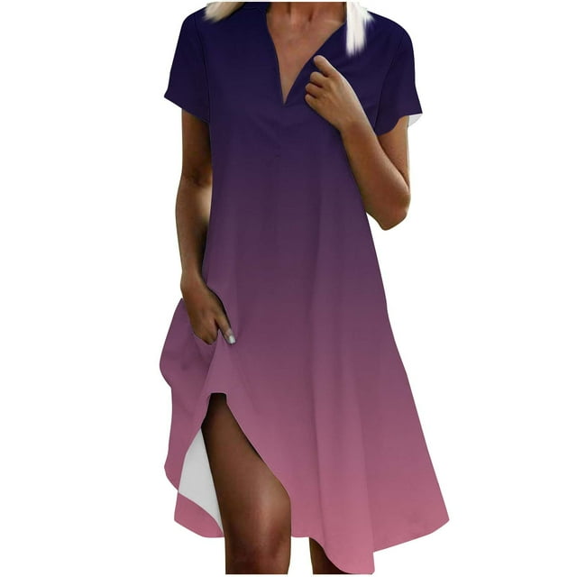 Liquidation d'Été 2025! Robe Grande Taille pour Femmes, Liquidation d'Été pour Femmes, Mode Femmes Robe Dégradée Col en V Manches Courtes Ample et Confortable