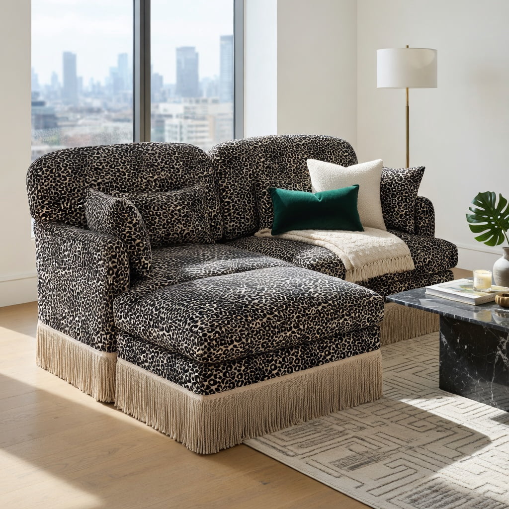 Hommoo Comfy Chenille Leopard Print Loveseat Sofa with Movable Ottoman, Tassel Trim & Ergonomic Deep Seat Design, Modern Living Room Couch Set, khaki