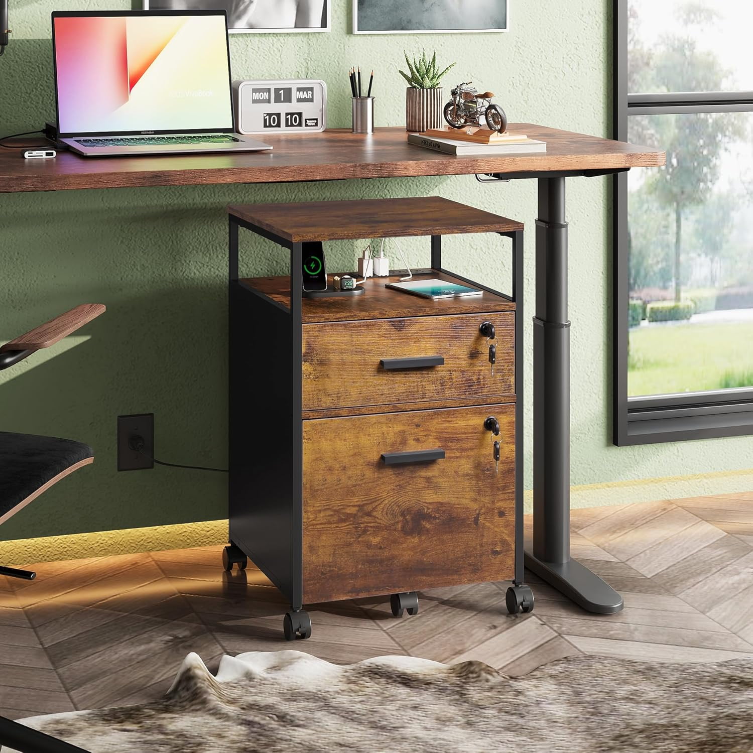 2 Drawer File Cabinet with Lock and Charging Station, Wood Filing Cabinet fits A4 or Letter Size, Mobile Printer Stand with Open Storage Shelf for Home Office, Rustic Brown