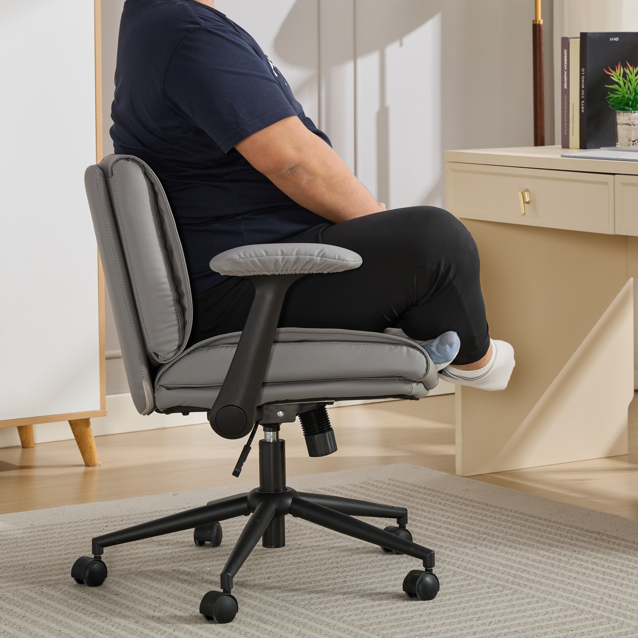 Cross Legged Chair with Flip-Up Armrests Leather, Cross Legged Office Chair on Wheels, Comfy Swivel Chair with Wide Seat for Home Office, Vanity,  Ergonomic Desk Chair Adjustable, Grey