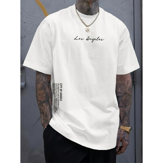 LOS ANGELES Creative Print Men's Casual T-Shirt, Summer Fashion Crew Neck Short Sleeve Top, Modern Streetwear Style For Men, Casual Sporty Tee, Comfy Tee
