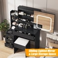 thumbnail image 3 of Towallmark Modern Vanity Desk with Sliding LED Mirror, 4 Drawers, Power Outlet, Storage Shelves, Adjustable Lighting, Cushioned Stool – Bedroom Makeup Table, Black, 3 of 7