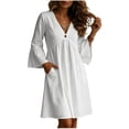 thumbnail image 4 of Vivianyo HD Women's V-Neck Single Button Midi Dress, 3/4 Bell Sleeve Solid Loose Casual Dresses with Side Pocket for Women, Women's White, Sizes S-2XL, 4 of 7