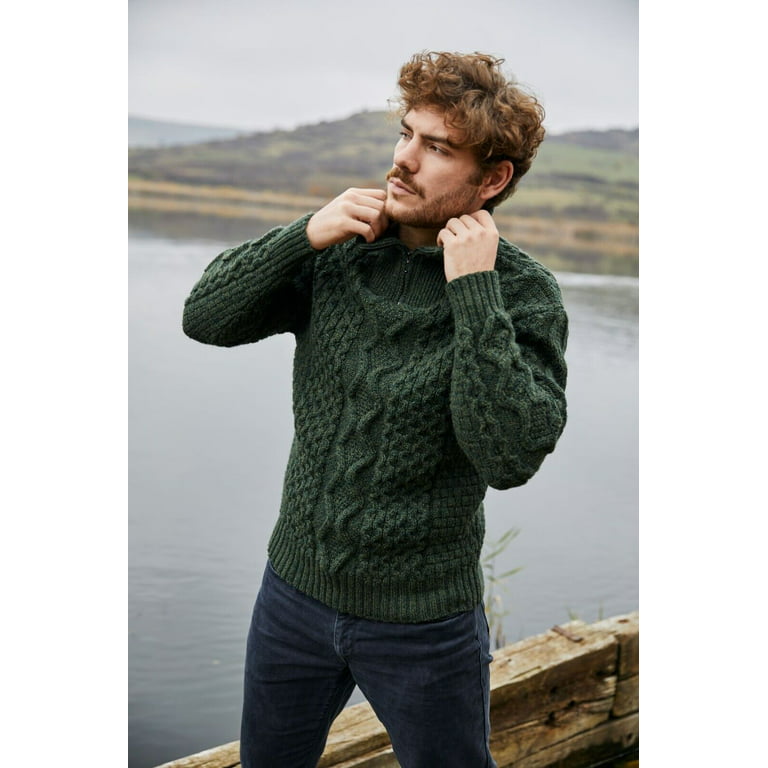 Saol Aran Sweater for Men's Irish Fishermen Wool Zip Neck Sweater Cardigan Made in Ireland