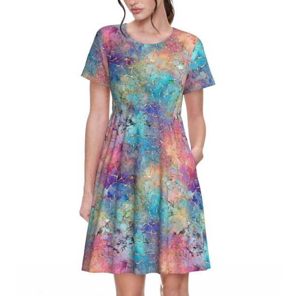 Disketp blue pink colorful cracked texture para Vestido de Manga Corta para Mujeres, Vestidos de Verano para Mujeres, Casual y Holgado para la Playa