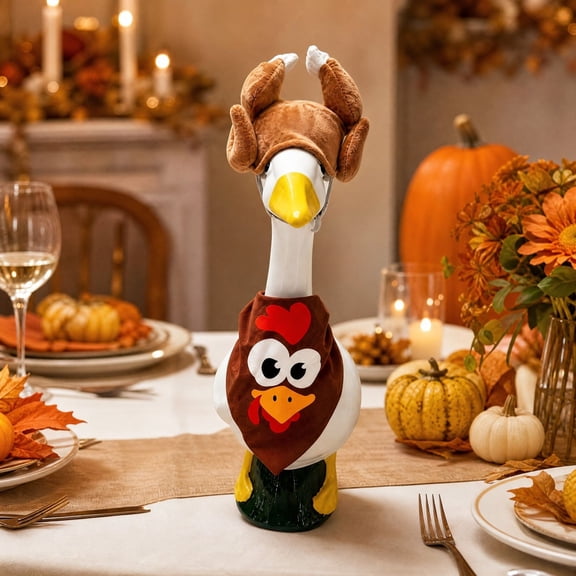 Sruoe Thanksgiving Day Porch Goose Outfits, 23 Inch Turkey‑Theme Porch Goose Clothes, Plush Turkey Hat & Chicken Bandana Goose Clothes Dress for Lawn Statue Cement Statue Yard Patio Party Decoration