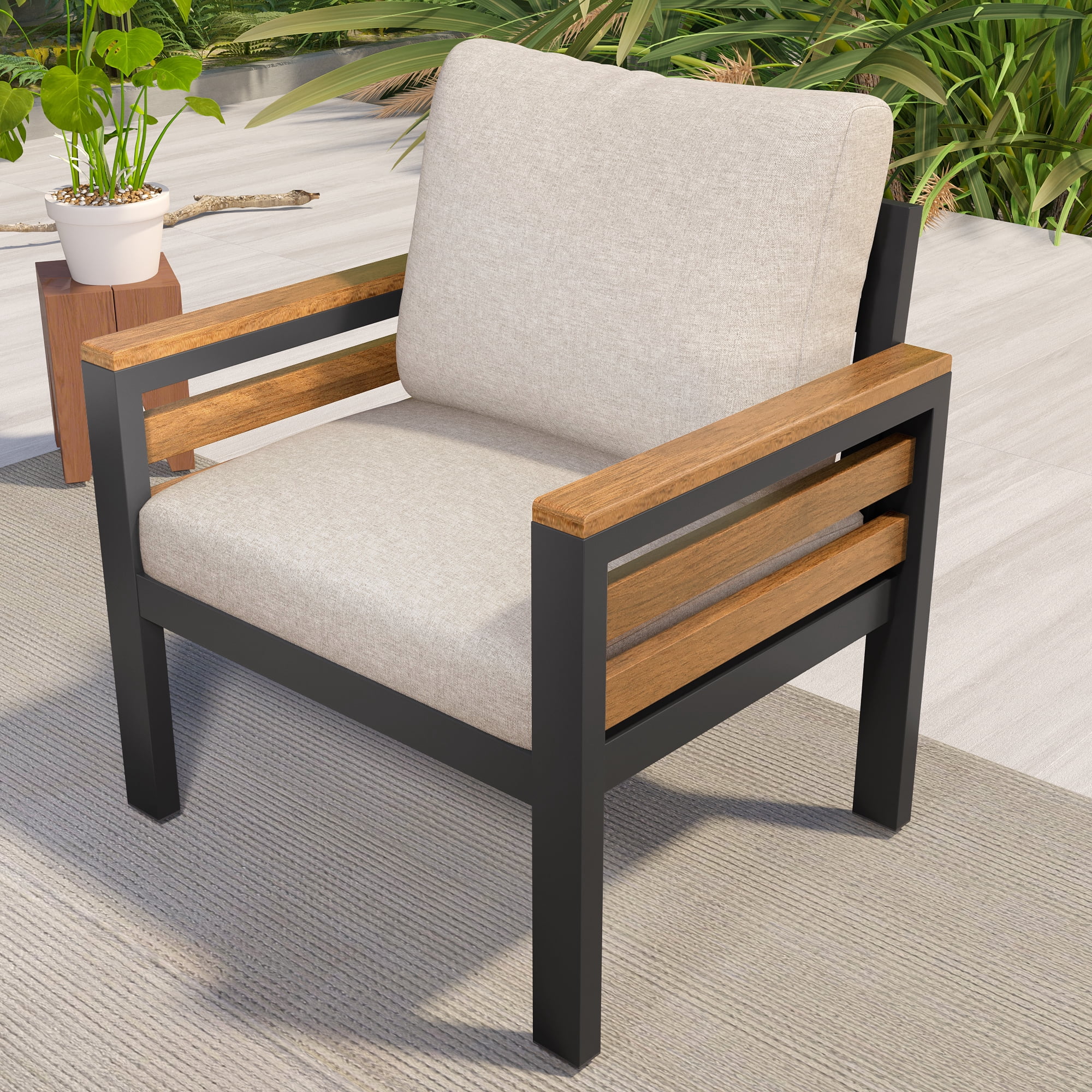 Leumius 4 Pieces Patio Furniture Set,Outdoor Patio Conversation Set with Removable Cushion and Solid Wood Coffee Table for Poolside, Backyard,Garden,Beige