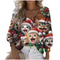thumbnail image 2 of Lcziwo Christmas Tee Shirts for Women Waffle Knit V Neck Blouses Cute Xmas Hat Cat Print Long Sleeve Tops Casual 2025 Fall Fashion Outfits Multicolor,L, 2 of 3