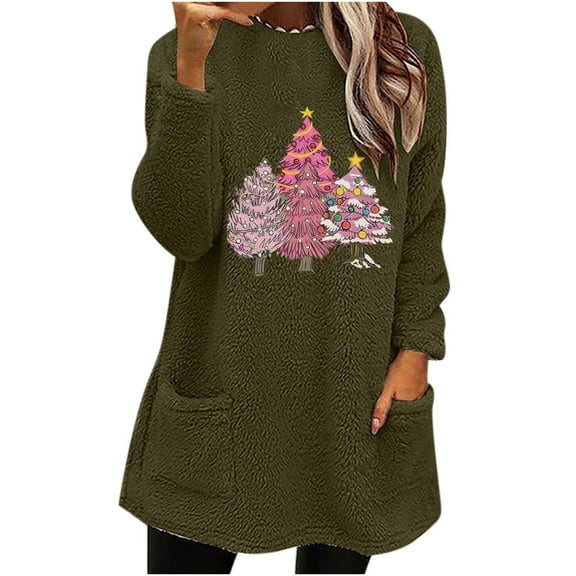 Honeeladyy Christmas Tops for Women 2023 Long Sleeve Fleece Lined Sweatshirts Cute Gnomes Print Winter Funny Holiday Shirts with Pocket Thanksgiving Gift Army Green L