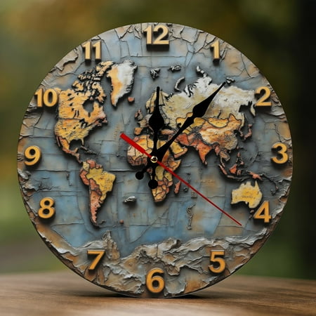 Wall Clock Decorative - Vintage Colorful World Map Print 2D Vintage Wall Clocks Battery Operated Silent Non-Ticking for Bedroom, Living Room, Kitchen, Office, Classroom, 10 Inch