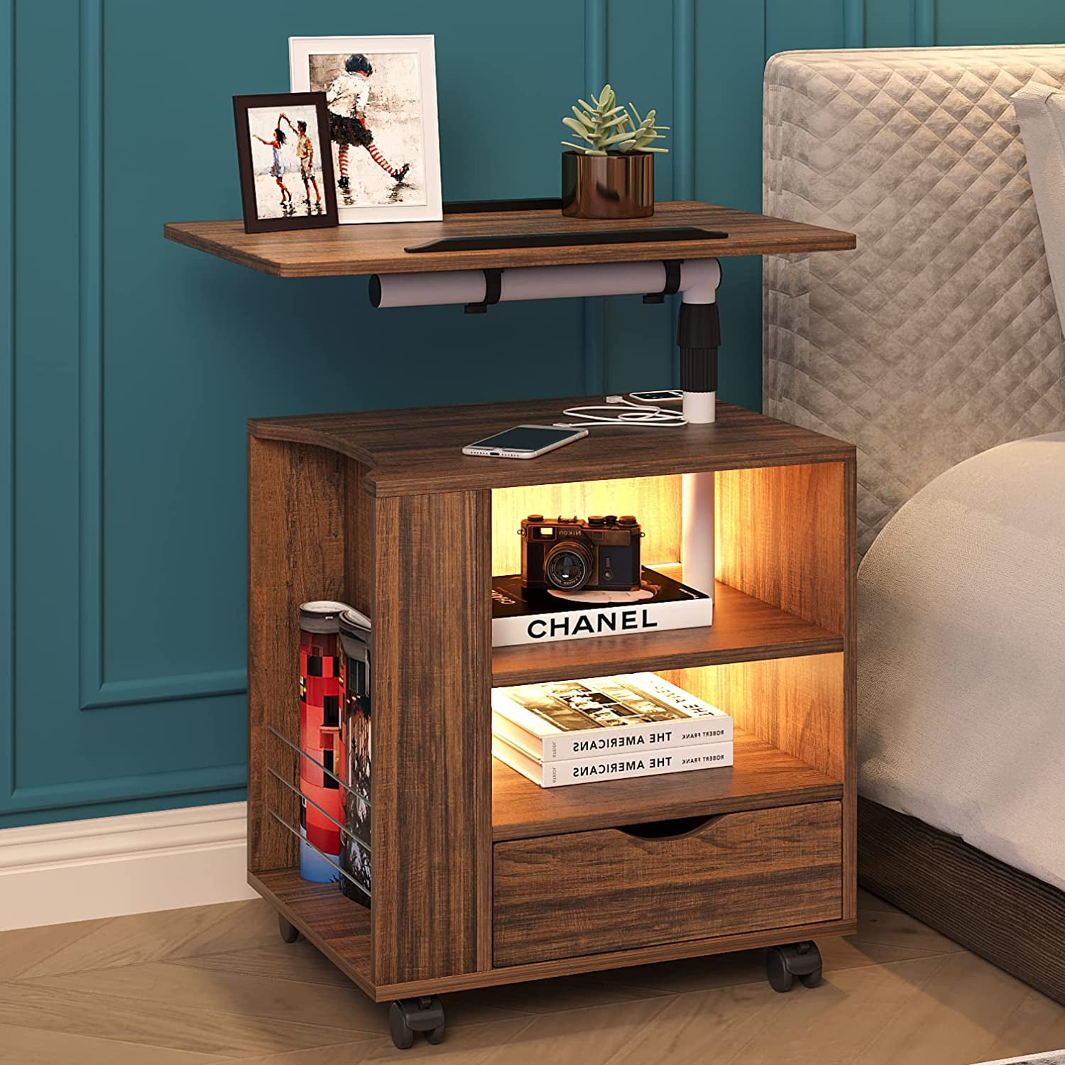 HNEBC Auto LED Nightstand with 2 USB Charging Station Black Nightstand