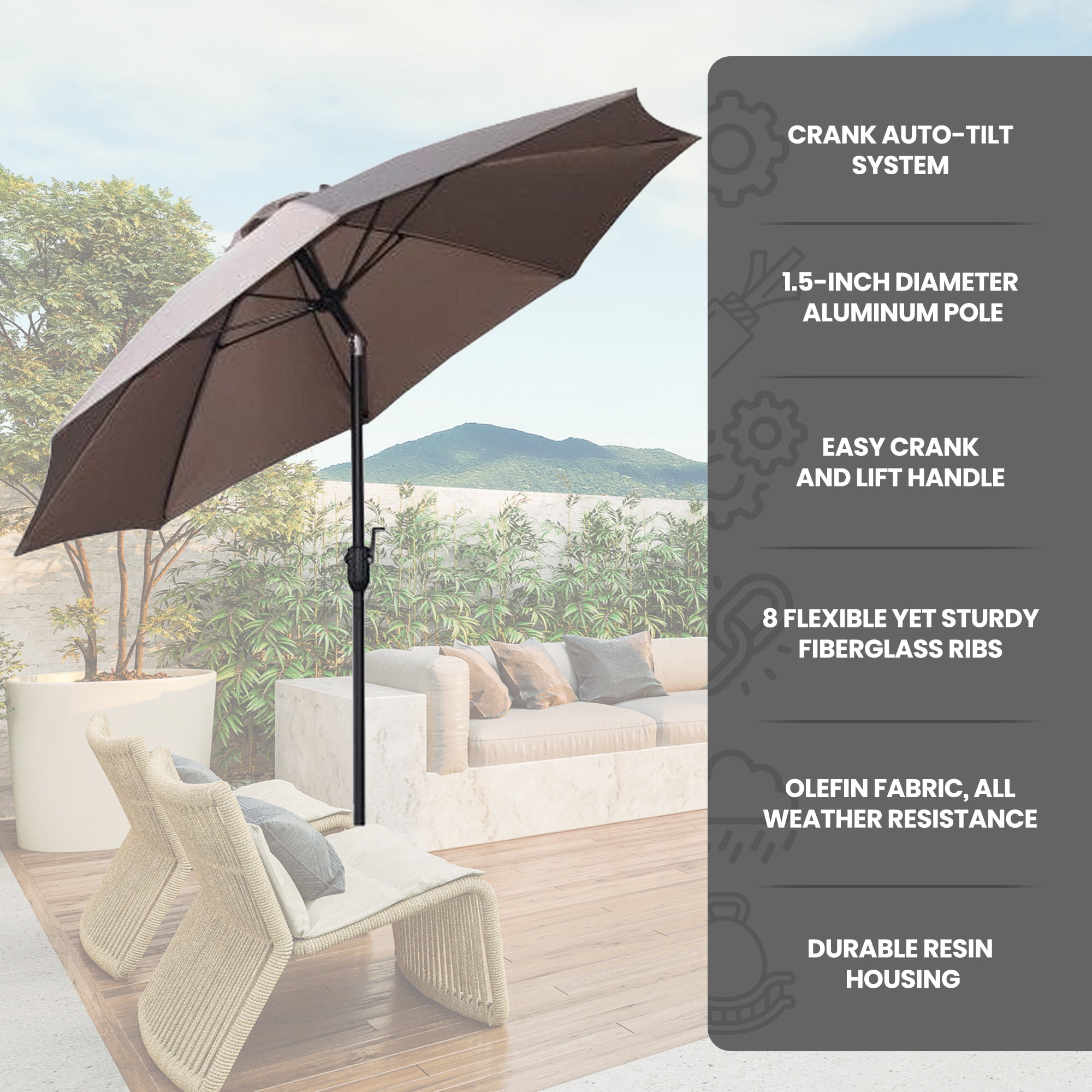 Four Seasons Courtyard 9 Foot Crank Lift Auto Tilt Patio Umbrella, Taupe