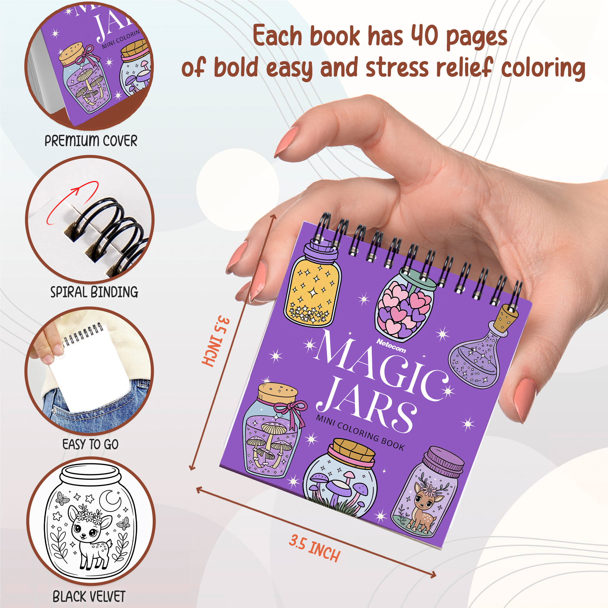 Horror Mini Coloring Book Spiral Bound for Adult, Pack 6, 3.5” x 3.5” Pocket Size, 40 Coloring Pages Stress & Anxiety Relief, Travel for Women Men