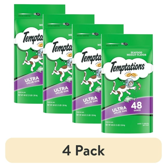 (4 pack) Temptations Classic Crunchy and Soft Dry Cat Treats Seafood Medley Flavor, 48 oz. Pouch