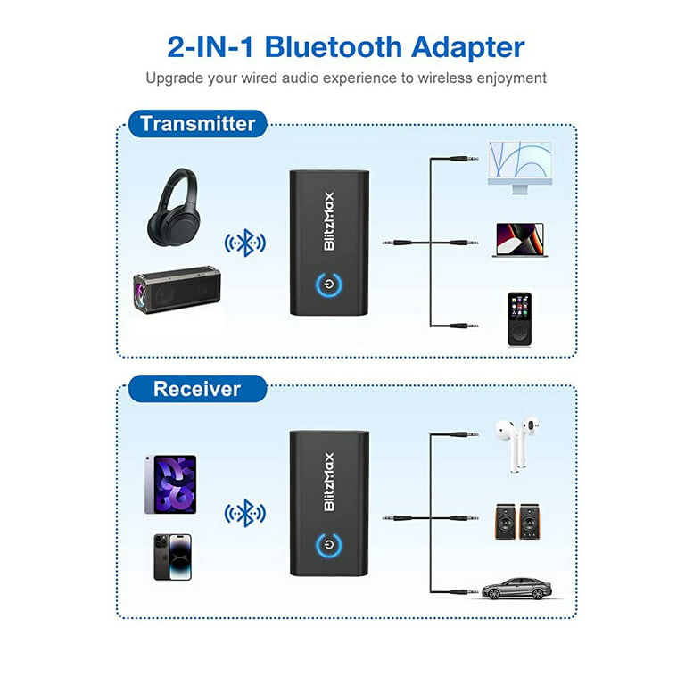 bluetooth 5.2 Transmitter Receiver, 2 in 1 bluetooth Audio Adapter Mini  Portable 3.5mm Jack, Dual Link Transmitter Compatible with bluetooth Audio