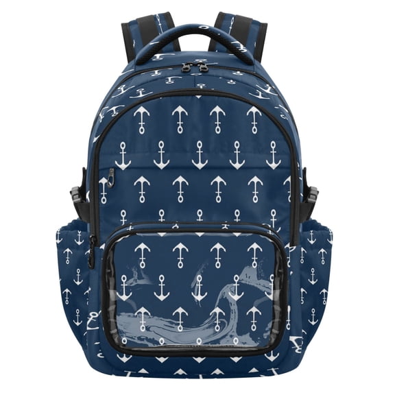 Qxltty Ship Anchor Backpack School Bookbag with Clear PVC Front Pocket, Laptop Compartment, Water Resistant Travel Daypack for Students