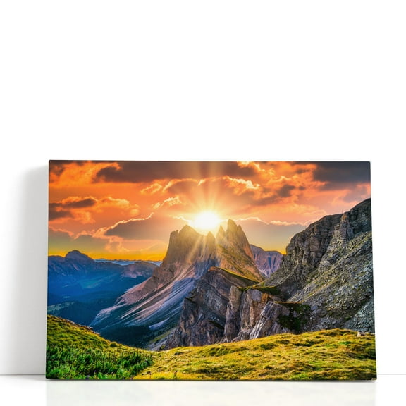 Seceda Peak at Sunrise in Italy - Wrapped Canvas Print Wall Art | 18" W x 12" H