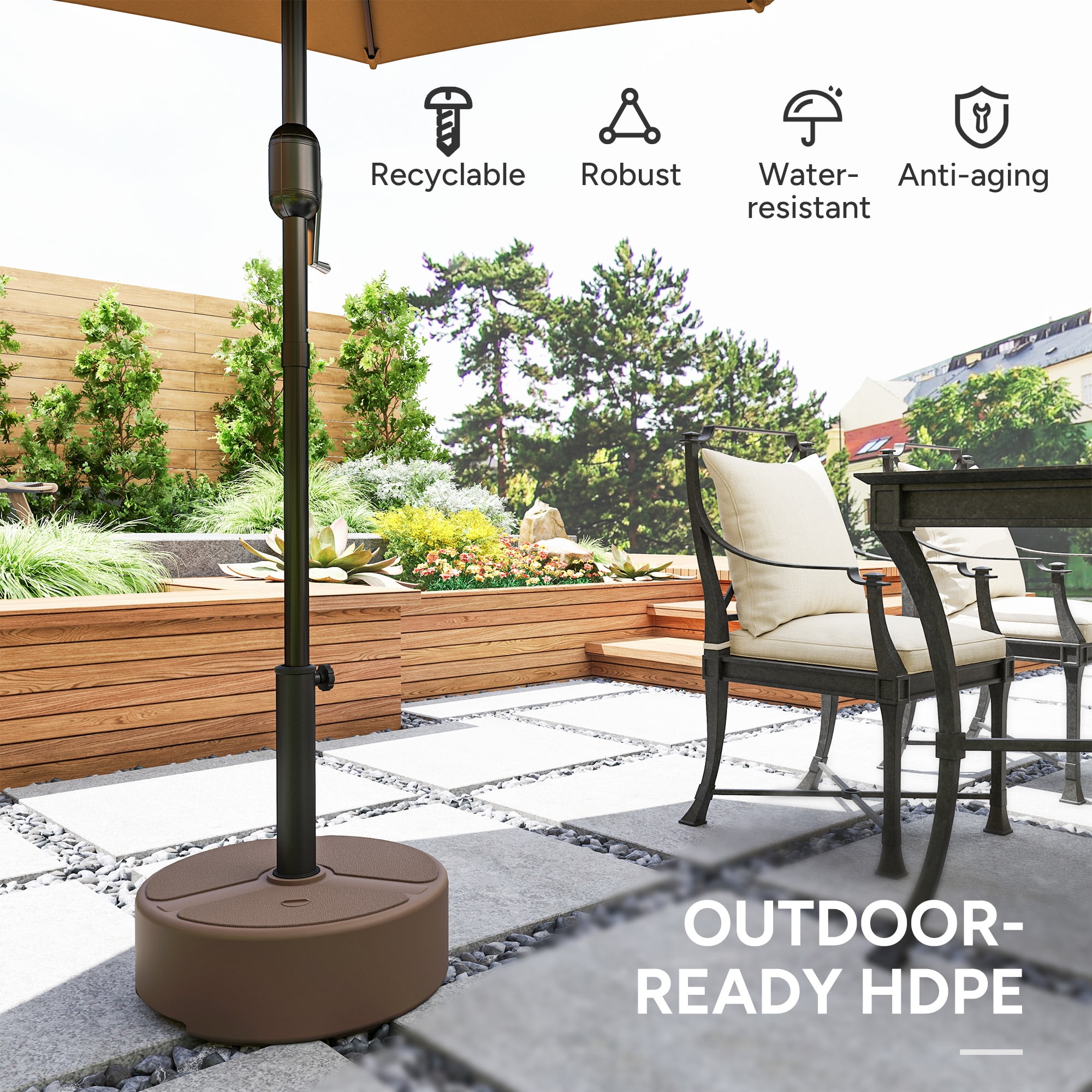 Round Patio Umbrella Base Holder, Heavy Duty Outdoor Umbrella Stand Base, Filled Up to 44lbs with Stand or 40lbs with Water for Garden, Poolside, Brown