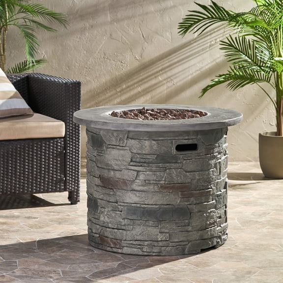 32" Round Magnesium Oxide Propane Fire Pit Table 40000 BTU Stone Gray Outdoor Fire Pit with Electronic Ignition for Garden Patio Backyard